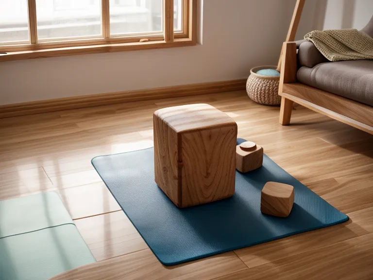 Eine Yogamatte und ein Holzblock in einem hellen, sonnigen Coaching-Raum.